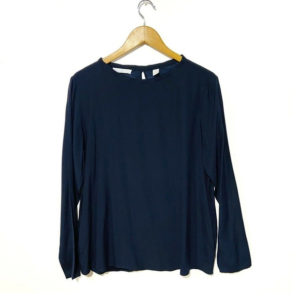 Sibel Saral Round Neck Pocket Front Blouse sz M Navy Blue Long Sleeve Solid - Picture 1 of 6